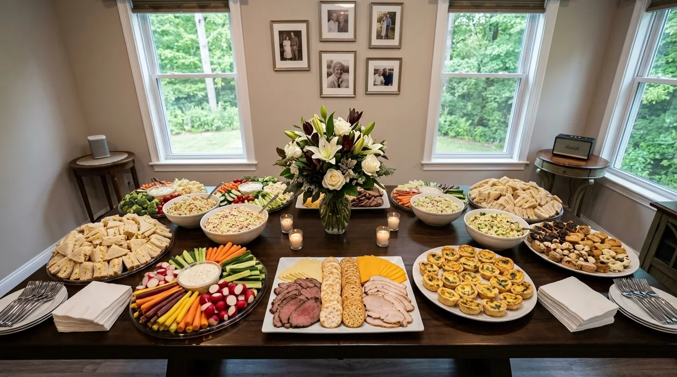 Reception table of sandwiches, vegetable trays, cold cuts and quiche beneath framed family photos, with flowers and candles